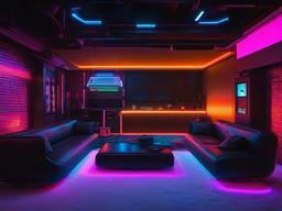 The basement highlights cyberpunk interior design with modern furniture, colorful neon lights, and a tech-inspired aesthetic that creates an exciting space for entertainment.  