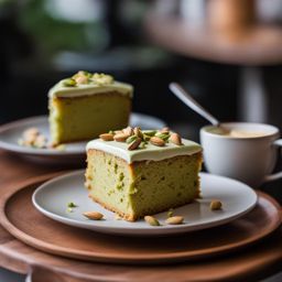 pistachio almond cake with pistachio frosting, enjoyed at a cozy coffee shop. 