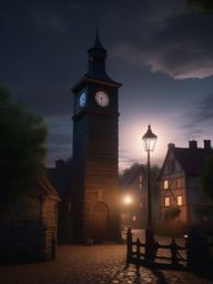 Mysterious clock tower in a small village strikes thirteen at midnight, opening a portal to another dimension. 8k,hyperrealistic