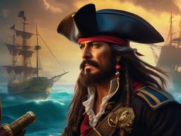 Pirate captain's ghost seeks to reunite with their long-lost crew to find legendary buried treasure. hyperrealistic, intricately detailed, color depth,splash art, concept art, mid shot, sharp focus, dramatic, 2/3 face angle, side light, colorful background