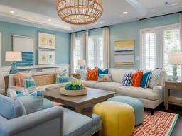 The playroom embodies Hampton interior design with cheerful colors, comfortable seating, and coastal-inspired decor, providing a dynamic space for children's activities.  