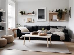 Scandinavian hygge-inspired living room featuring a Muuto low wooden coffee table, HAY wool throws, and IKEA white shelving units.  