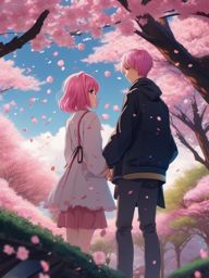 Charming anime girl and boy with pink hair, standing in a serene cherry blossom garden, admiring the falling petals, as a matching pfp for couples. wide shot, cool anime color style
