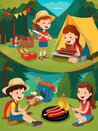 Camping clipart - kids roasting hotdogs  vector clipart