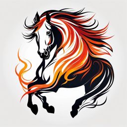 Dark Horse Tattoo-Abstract dark horse with a fiery mane, embodying strength and resilience. Colored tattoo designs, minimalist, white background.  color tattoo style, minimalist, white background