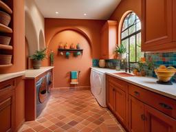 Mediterranean laundry room features terracotta tiles, arched accents, and colorful decor that create a bright and inviting atmosphere for chores.  