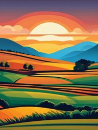 Sunset over farmland sticker- Rural tranquility, , sticker vector art, minimalist design