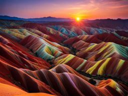 zhangye danxia national geological park - capture the mesmerizing night view of zhangye danxia's rainbow-colored mountains, where the natural beauty is accentuated by moonlight. 