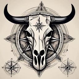 Cow skull and compass design: Navigating life's journey, symbolic direction.  simple color tattoo style