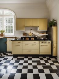 vintage-inspired kitchen with retro appliances and checkered floors. 