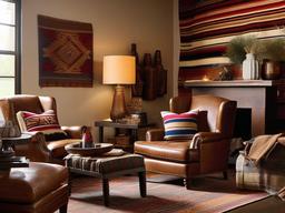 Southwestern living room featuring Pendleton wool blankets, Ralph Lauren leather armchairs, and Anthropologie adobe-style textured walls.  