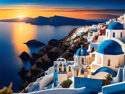 santorini, greece - illustrate the iconic blue-domed churches and white buildings of santorini against the backdrop of a starry night. 