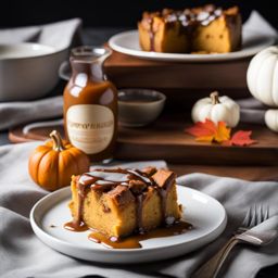 pumpkin bread pudding with a drizzle of bourbon sauce. 