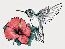 Hummingbird with Hibiscus Tattoo - Capture the synergy of nature with a hummingbird and hibiscus tattoo, symbolizing the beauty and interconnectedness of life.  simple color tattoo, minimal, white background