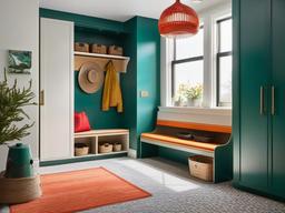 Mid-century modern mudroom features retro-style storage solutions, a stylish bench, and vibrant accents that add character while remaining practical.  