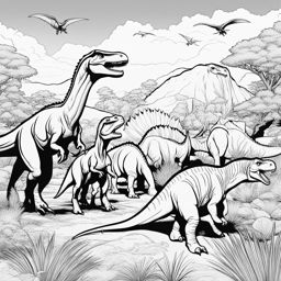 dinosaur coloring pages - a group of herbivore dinosaurs grazes peacefully. 