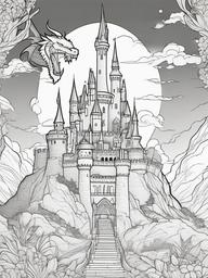 Dragon and Castle Coloring Pages - Guardian of the Enchanted Castle  minimal black outline printable sheet, coloring page