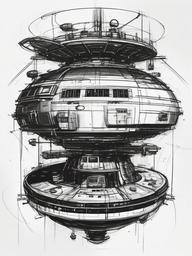 drawing of a space station  minimal rough sketch scribbles,doodles,black and white