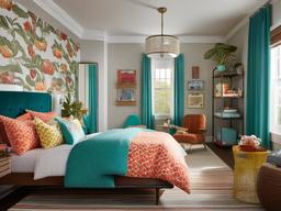 Retro master bedroom features colorful bedding, playful decor, and vintage-inspired accents that bring a fun vibe to the room.  