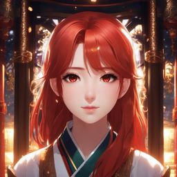Front facing face, girl with red hair, small eyes in a magical shrine.  close shot of face, face front facing, profile picture pfp, anime style