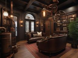 The foyer features steampunk interior design with exposed pipes, vintage lighting, and warm accents that invite guests into a quirky and welcoming home.  