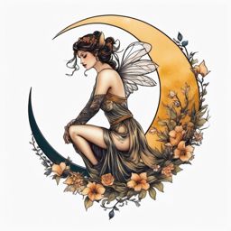 fairy on crescent moon tattoo  simple color tattoo style,white background