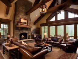 Rustic living room with exposed beams, a stone fireplace, and leather furniture creates a warm, natural ambiance.  