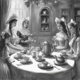 ghostly tea party - sketch an ethereal tea party hosted by ghostly figures in a haunted mansion. 