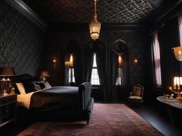 Victorian Gothic bedroom with dark drapery and intricate wallpaper.  