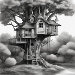 drawing of a treehouse in a tree black and white rough realistic  