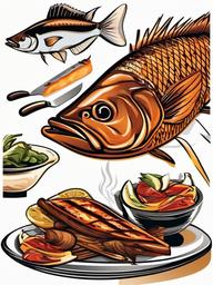 BBQ with grilled fish clipart.  vector style illustration, white background