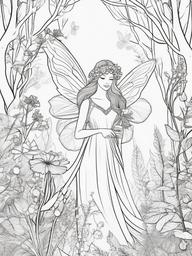 Fairy Gathering Magical Flowers Coloring Pages - Fairy Collecting Glowing Flowers in the Woods  minimal black outline printable sheet, coloring page