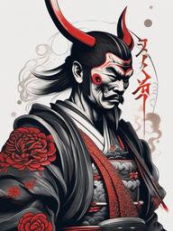 Japanese Demon Samurai Tattoo - Tattoo blending samurai imagery with demonic elements.  simple color tattoo,white background,minimal