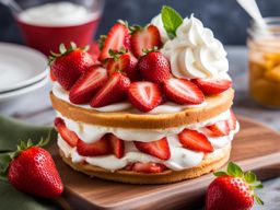 a luscious strawberry shortcake, featuring layers of sponge cake, whipped cream, and fresh strawberries. 