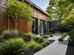 In the garden, urban modern interior design highlights clean lines, contemporary sculptures, and vibrant greenery that create a stylish outdoor retreat for relaxation and enjoyment.  