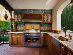 In the outdoor kitchen, Russian Revival interior design showcases intricate cabinetry, vibrant tiles, and cultural decor that enhance cooking and entertaining experiences in a refined setting.  