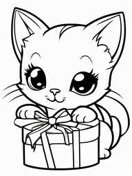 Kitty with a Birthday Present Coloring Pages - Kitten Holding a Wrapped Gift  minimal black outline printable sheet, coloring page