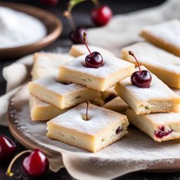 buttery shortbread cookies dusted with powdered sugar and adorned with a cherry in the center. 