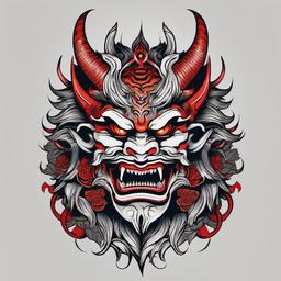 Oni Tattoo-Tattoo featuring the Oni, a mythical creature from Japanese folklore, capturing cultural symbolism and artistry.  simple color tattoo,white background
