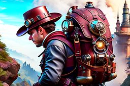 adventurous explorer with a steampunk jetpack, charting uncharted realms. 