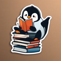 Penguin Reading Book Sticker - A penguin engrossed in a good book, creating a cozy and intellectual atmosphere. ,vector color sticker art,minimal