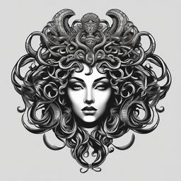 Black and Grey Medusa - Embrace a classic and timeless look with a black and grey Medusa tattoo, showcasing the intricate details in grayscale.  simple vector color tattoo,minimal,white background