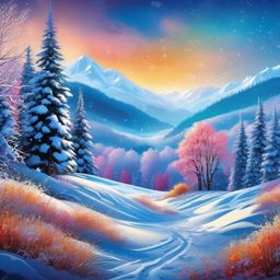 Winter Background - Snowy Winter Wonderland Scenery wallpaper splash art, vibrant colors, intricate patterns