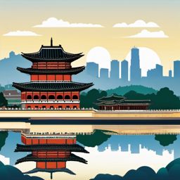 Seoul clipart - Gyeongbokgung Palace and Seoul skyline,  color vector clipart