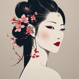 Geisha Sakura Tattoo - Graceful, sakura beauty, rooted in Japan.  simple color tattoo,white background,minimal