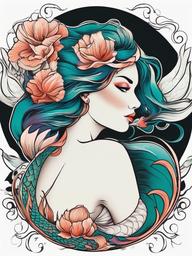 Neo Traditional Mermaid Tattoo - Infuse contemporary aesthetics with traditional elements in a neo-traditional mermaid tattoo.  simple vector color tattoo,minimal,white background