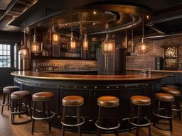 In the bar room, steampunk interior design includes vintage bar stools, industrial counters, and eclectic decor that create an inviting environment for socializing and celebration.  