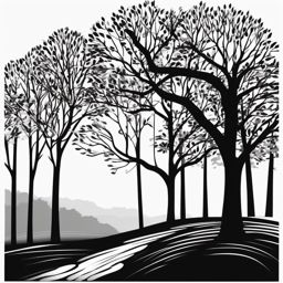 Tree Black White Clipart,Illustrating a serene forest scene with tree black white clipart  simple, 2d flat