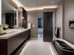 In the guest bathroom, High Tech interior design features modern fixtures, sleek surfaces, and advanced technology that create an inviting atmosphere for visitors.  