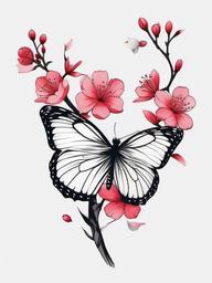 butterfly with cherry blossom tattoo  simple color tattoo, minimal, white background